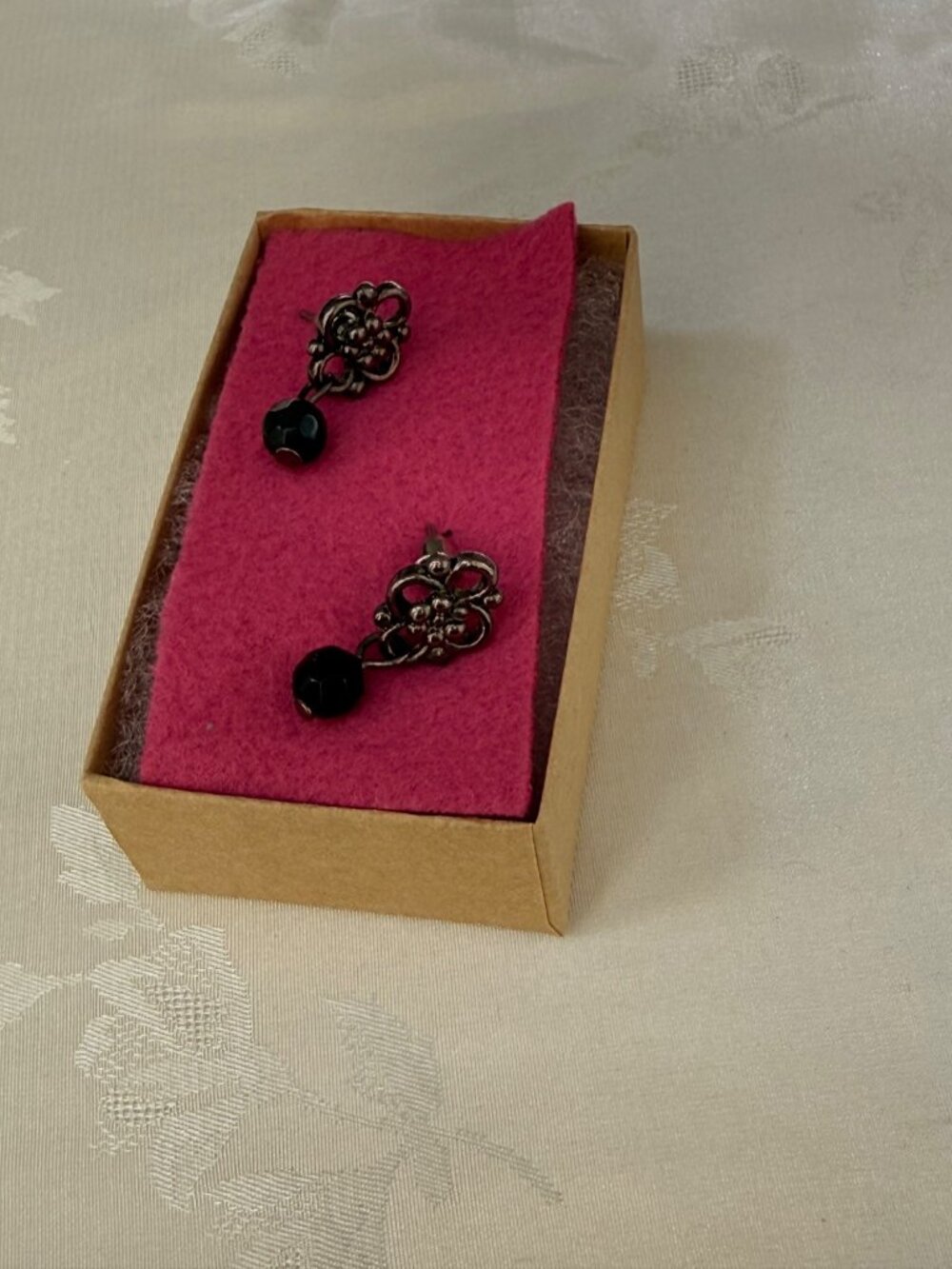 Antique-Style Black Bead w/ Ornate Metal Design Dangle Earrings